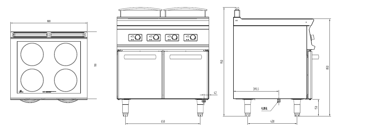 电磁四头煲仔炉连柜三视图